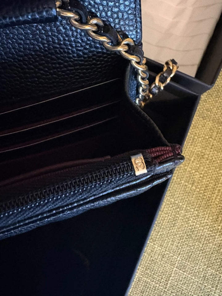 CHANEL Black Caviar GHW Turnlock New Style Classic Wallet on Chain (WOC)