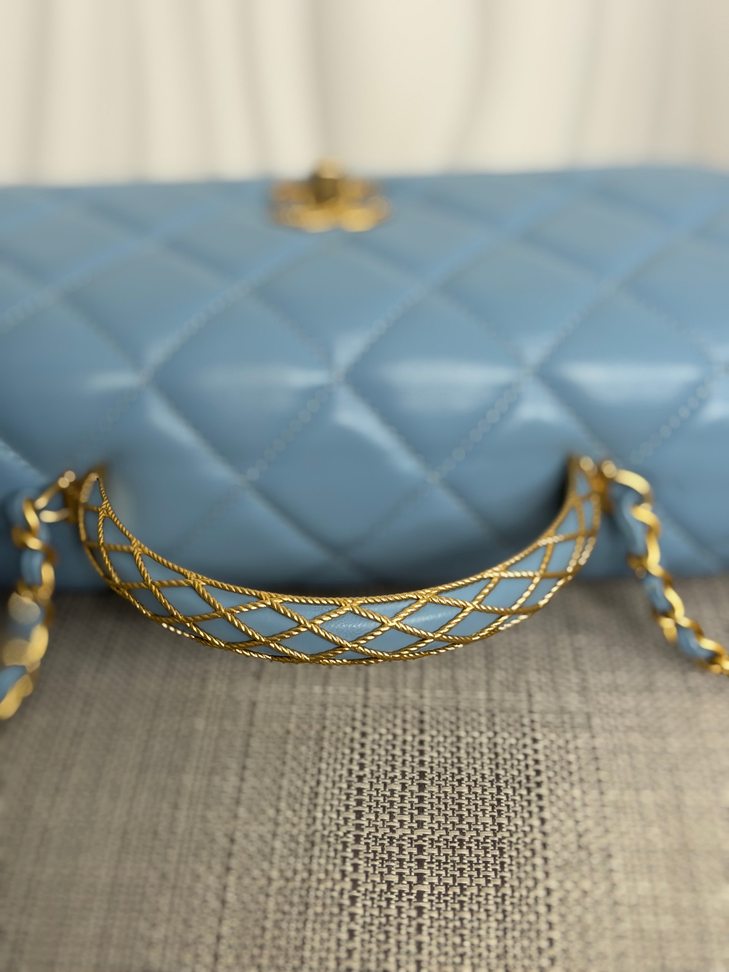 CHANEL 23A Light Blue Lambskin Aged GHW Top Handle Seasonal Mini