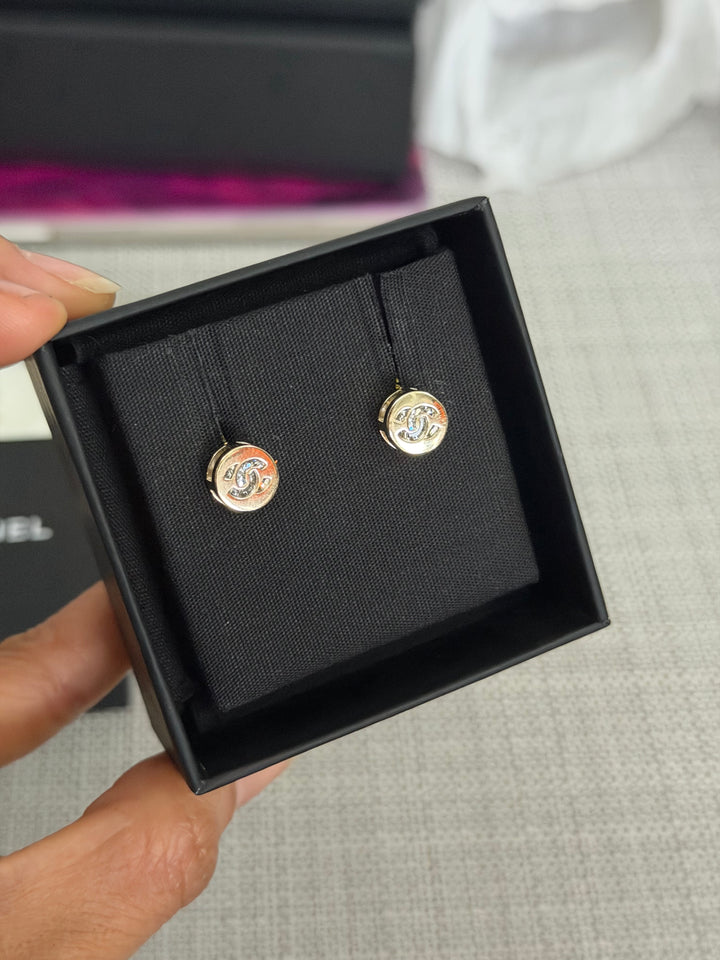 CHANEL 2024 Light Gold Round Earrings with Crystals 0.5 cms diameter