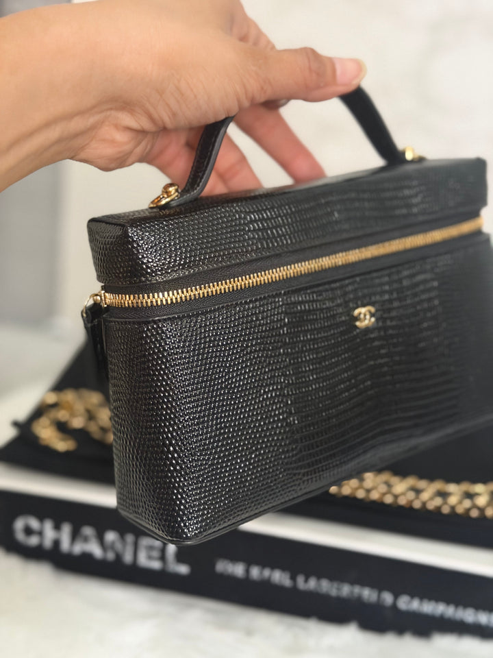 CHANEL Black Lizard Embossed Calf Skin GHW LP Long Vanity with top handle 26A 2026