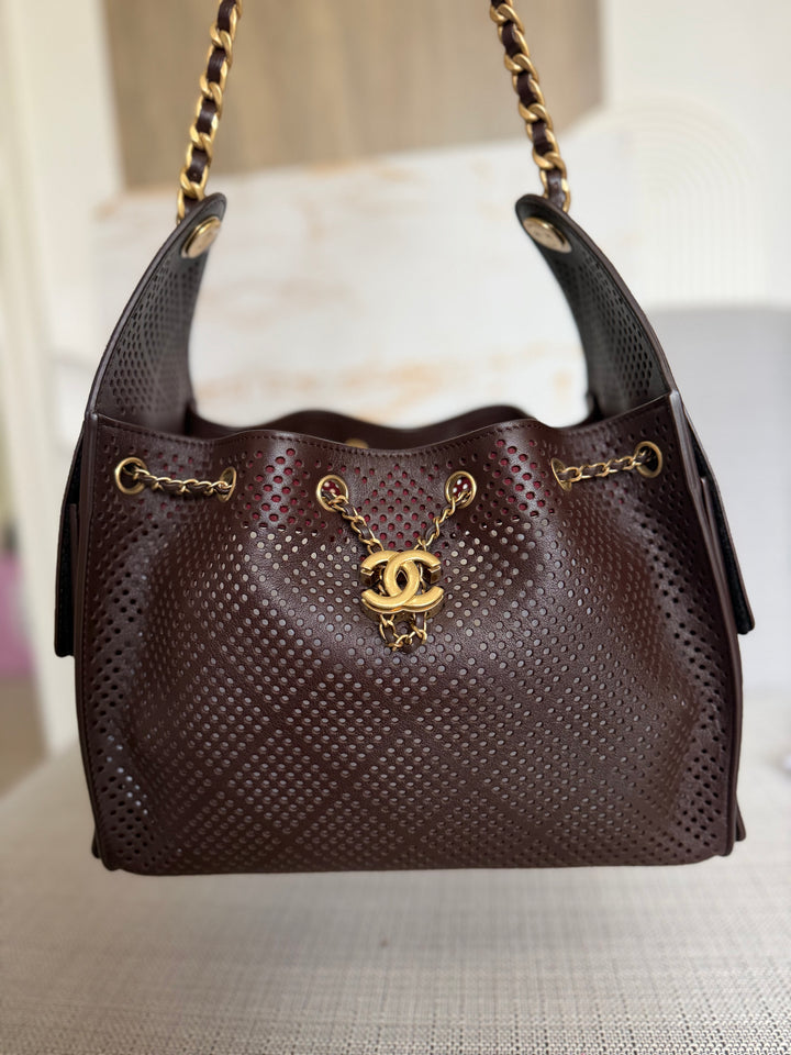 CHANEL 26S 25 Hobo Bag in Perforated BROWN Calf skin Aged GHW size SMALL