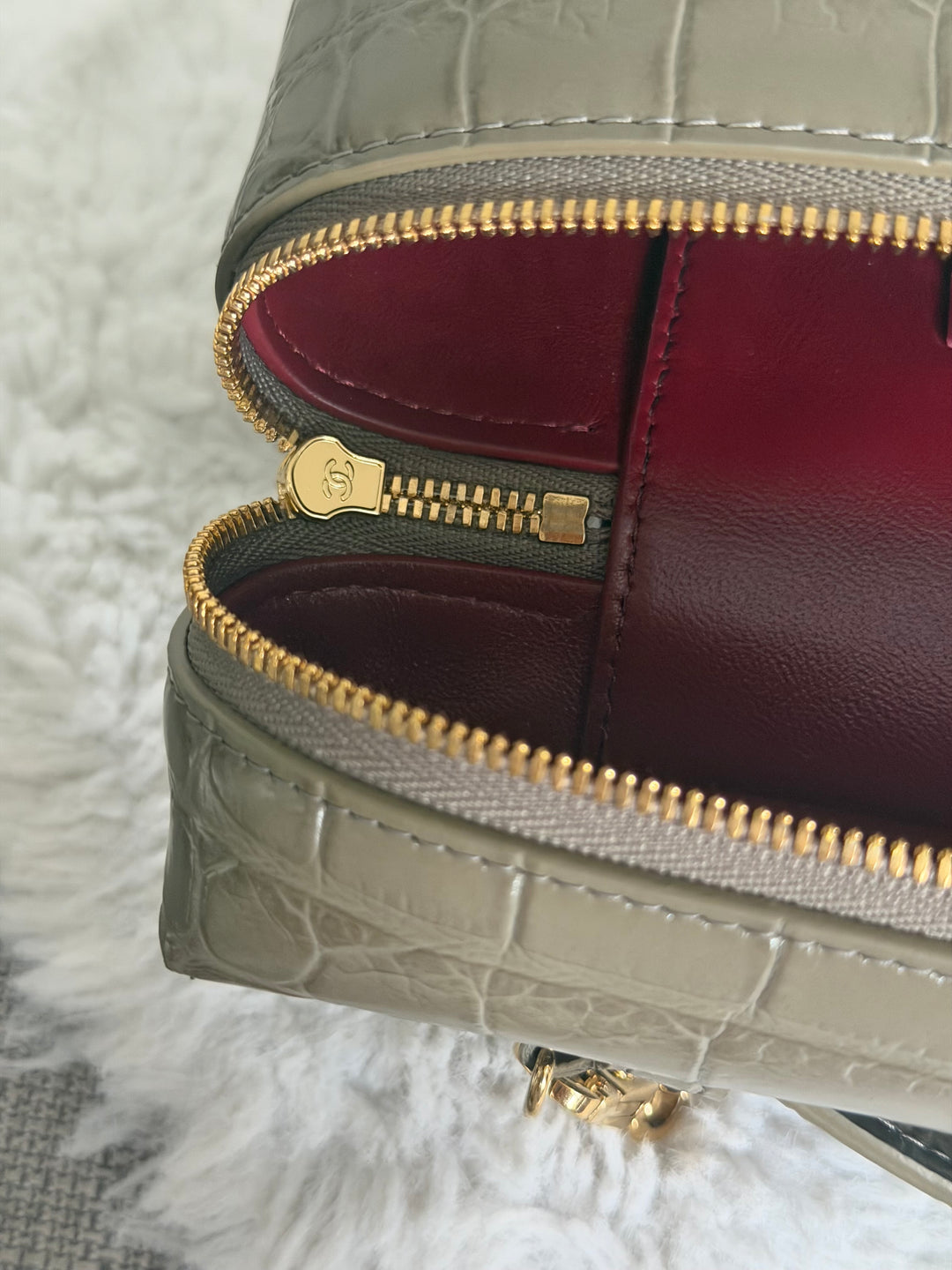 CHANEL 26A Etoupe Khaki Croc Embossed Calf skin LGHW LP Long Vanity size Medium 23 cms with detachable chain 2026