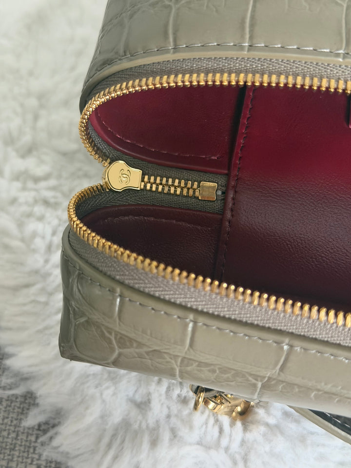 CHANEL 26A Etoupe Khaki Croc Embossed Calf skin LGHW LP Long Vanity size Medium 23 cms with detachable chain 2026