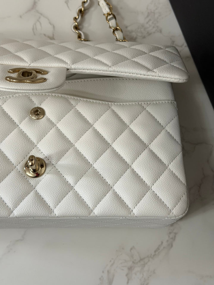 CHANEL 2023 White Caviar LGHW Medium ML Timeless Classic Double Flap Bag