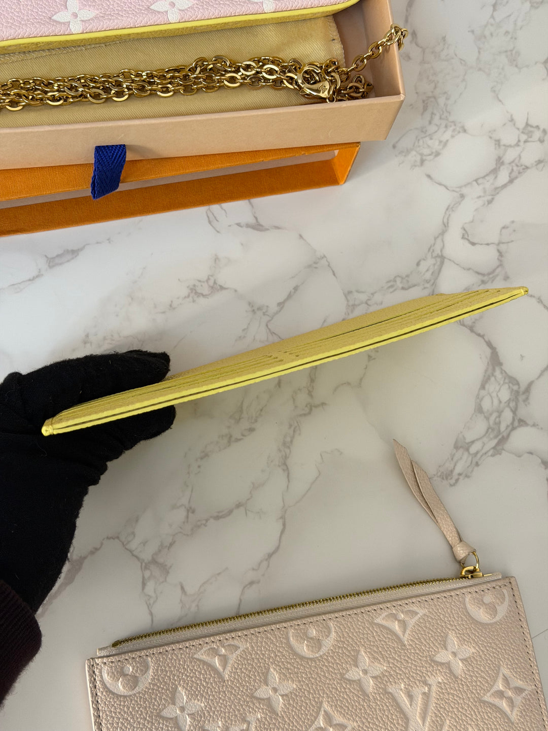 LOUIS VUITTON LV Pochette Felicie 2022 Pink/Beige/Yellow Emprinte Leather