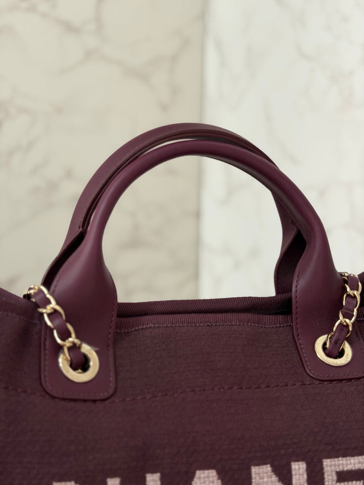 Chanel 24B Collection 2024 Burgundy Tweed Deauville Tote with Leather top handle size small and Detachable pouch