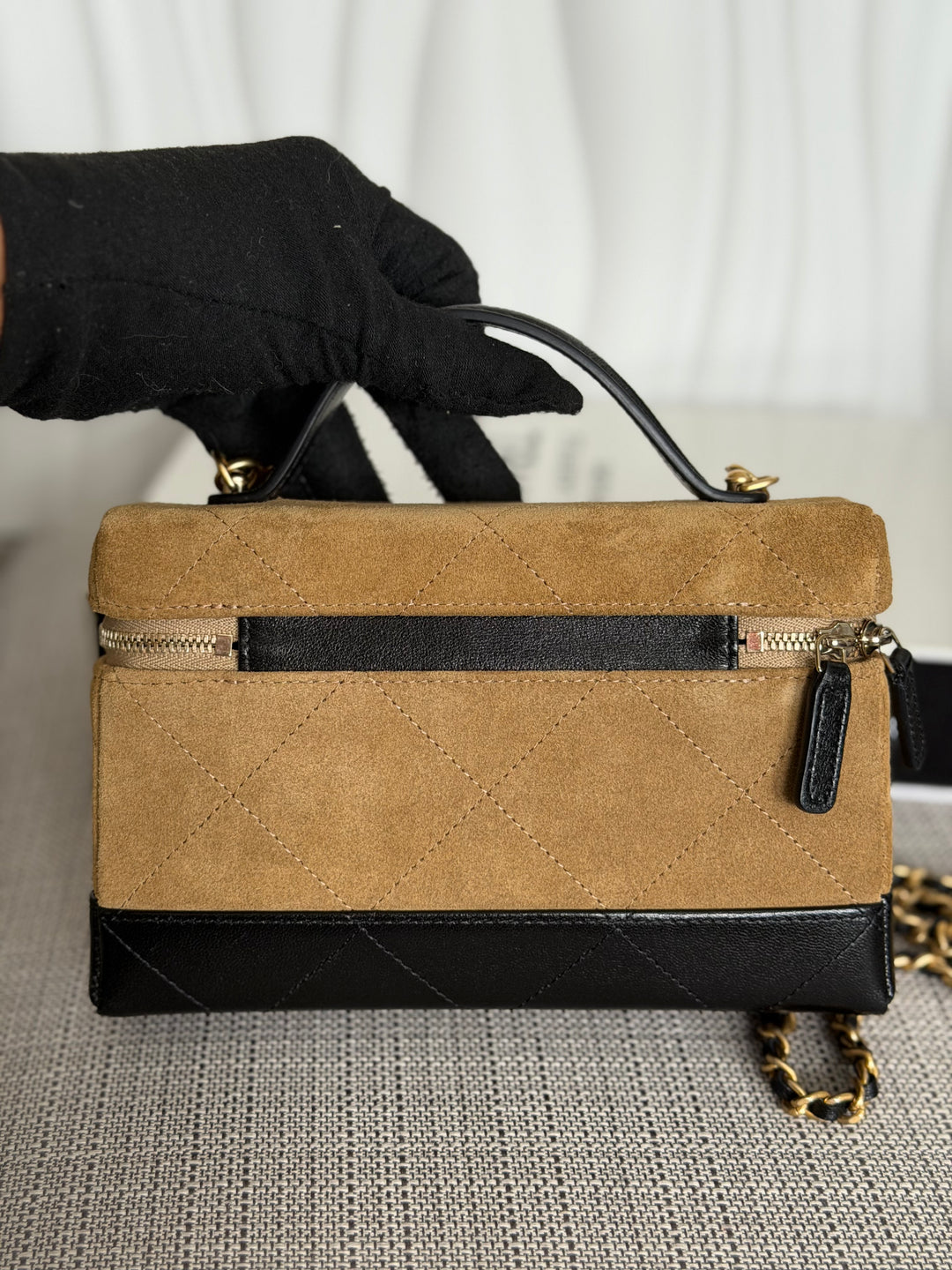 CHANEL 26S Beige Suede Black Calf skin aged GHW Long Vanity Case with Detachable Chain and top handle 2026