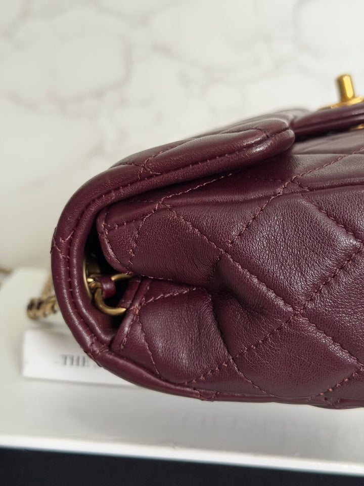 CHANEL 21B Burgundy Lambskin Aged GHW Pearl Crush Adjustable Chain Mini rectangular flap Bag 2021
