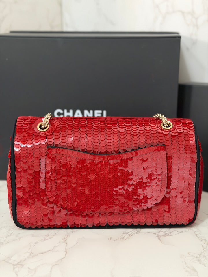 CHANEL series 13 2010 Red Sequin and Black Satin Paris-Shanghai Medium Flap Bag Gold Hardware