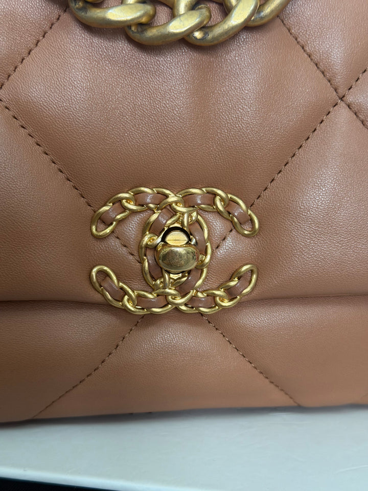 CHANEL Caramel Brown Lambskin Mixed Hardware 19 Flap Bag size SMALL 2022