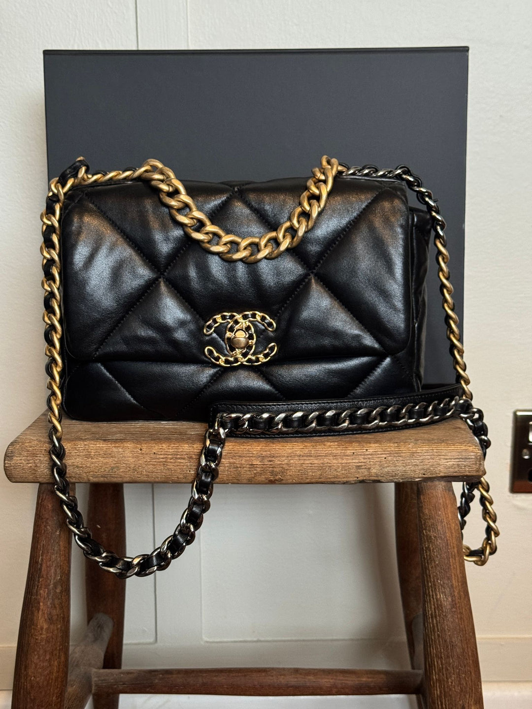 CHANEL 19 size Small Black Lambskin Mixed hardware Flap Bag with Top handle