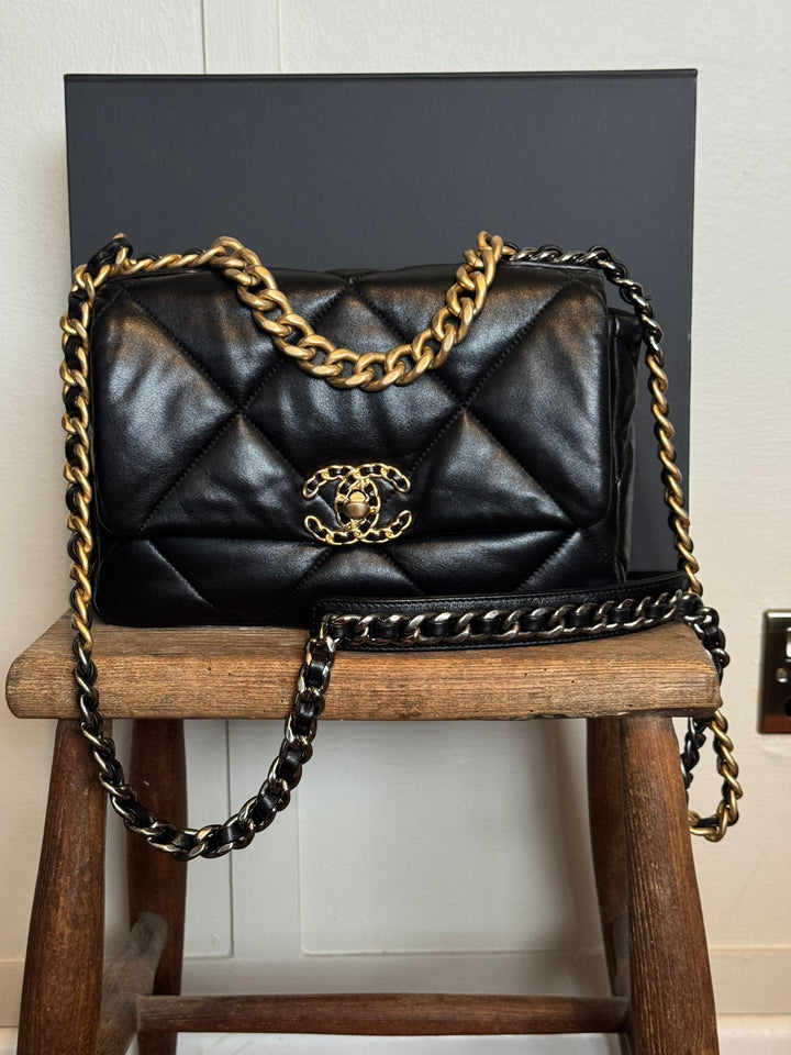 CHANEL 19 size Small Black Lambskin Mixed hardware Flap Bag with Top handle