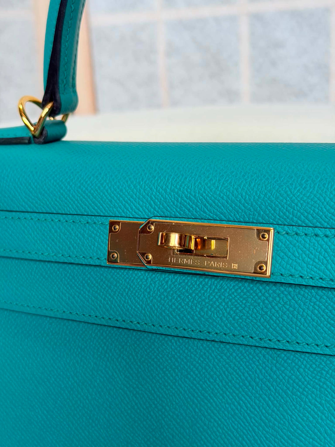HERMÈS Kelly 28 Epsom Leather Sellier Special Order Bleu Paon GHW Stamp D 2019