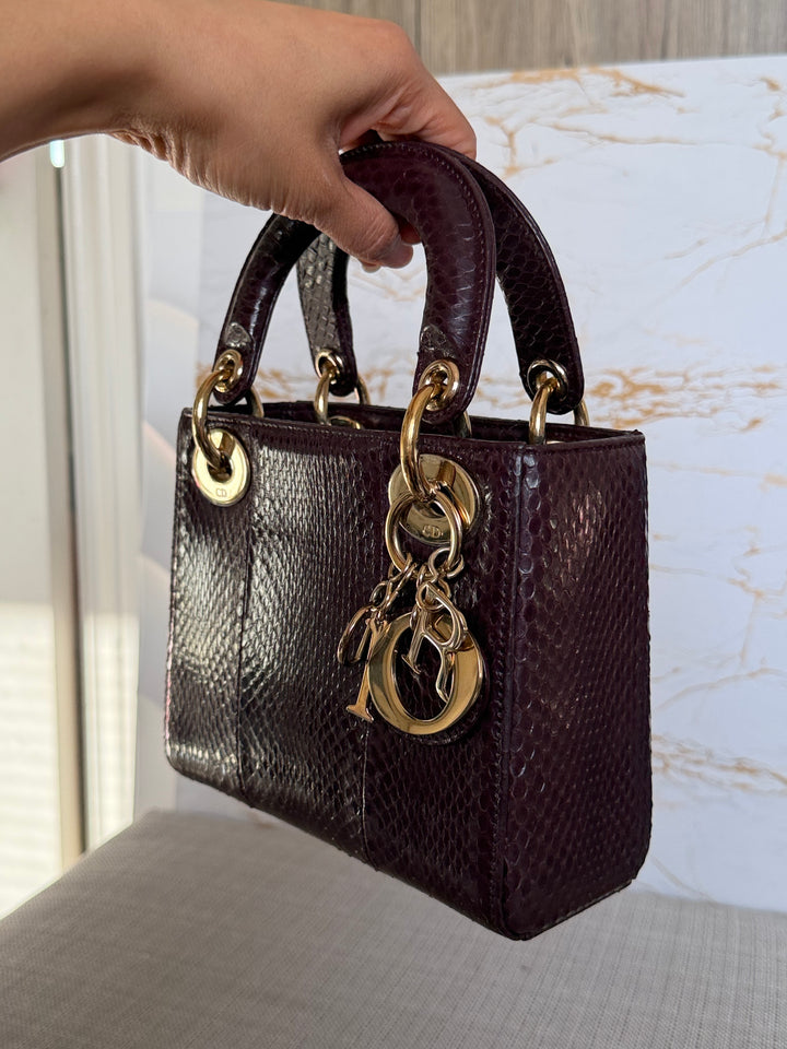 Dior Lady Dior MINI Burgundy Dark Red Python Leather 2018 LGHW