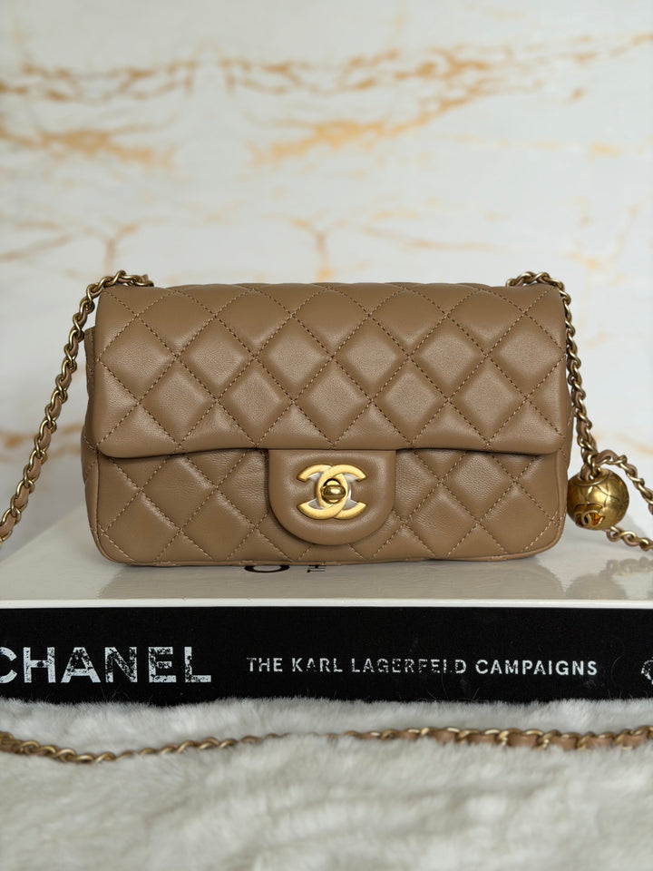 CHANEL 22B Taupe Dark Beige Lambskin Aged GHW Pearl Crush Adjustable Chain Mini Rectangular Flap Bag 2022