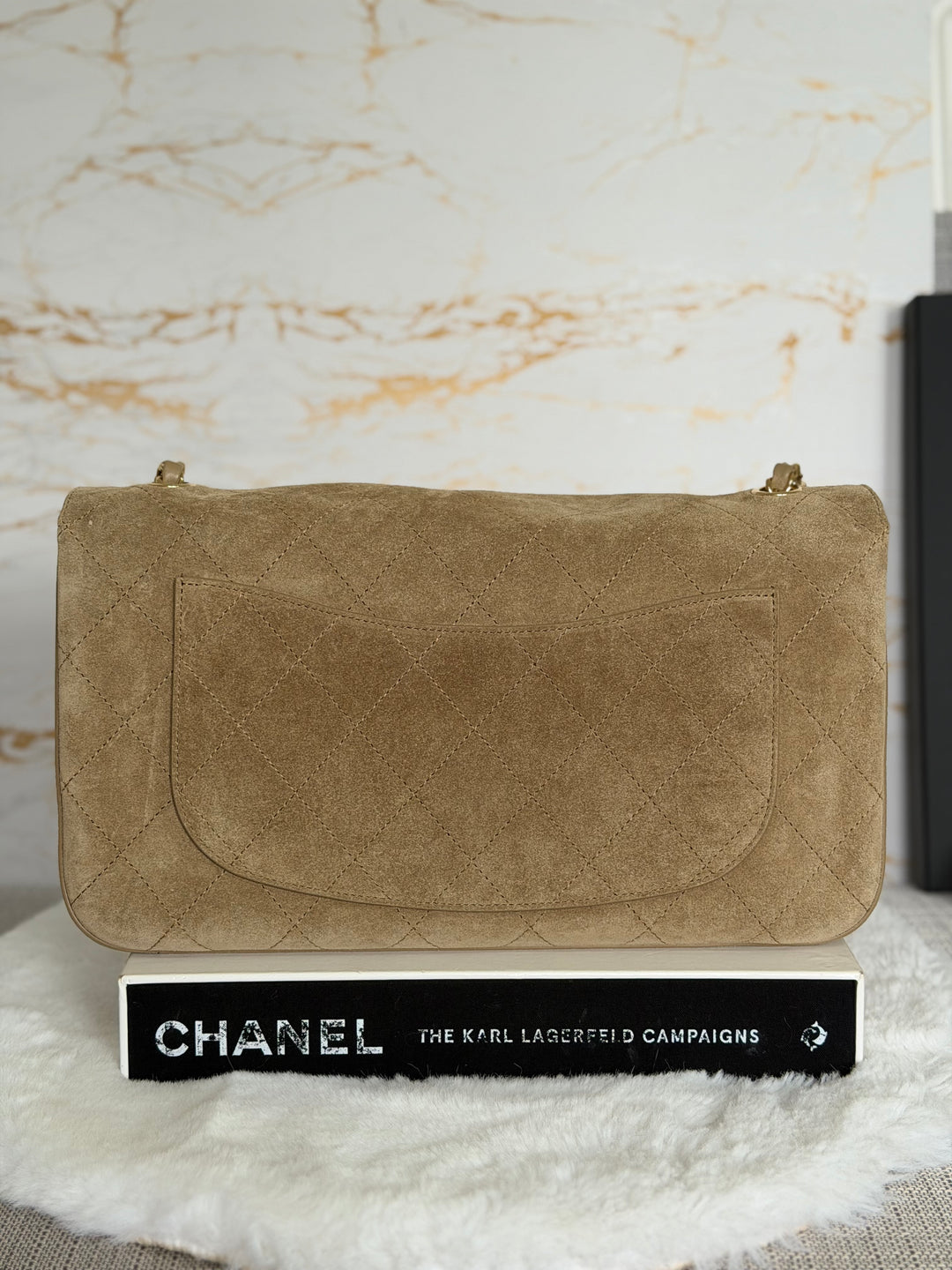 CHANEL 26S Beige Suede Leather LGHW Maxi Flap Bag 32 cms