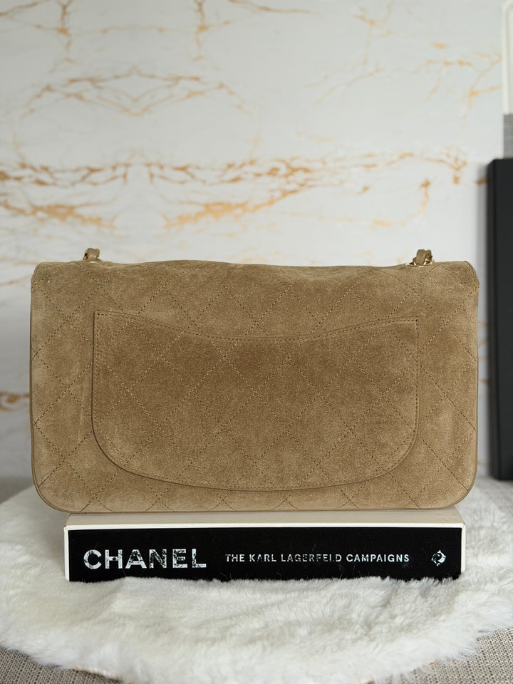 CHANEL 26S Beige Suede Leather LGHW Maxi Flap Bag 32 cms