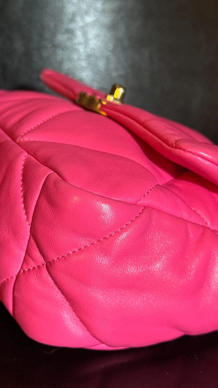 CHANEL 19 size Small in Hot Pink Lambskin Mixed Hardware Flap Bag Microchipped