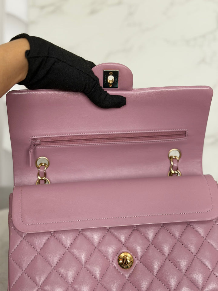CHANEL series 21 Mauve Pink Purple Lambskin LGHW Medium ML Timeless Classic Double Flap Bag 2015