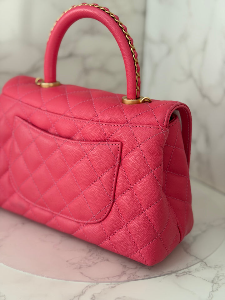 Chanel 23P Collection 2023 Dark Pink Caviar Aged GHW Coco Handle with Detachable Strap and enchained handle size Small
