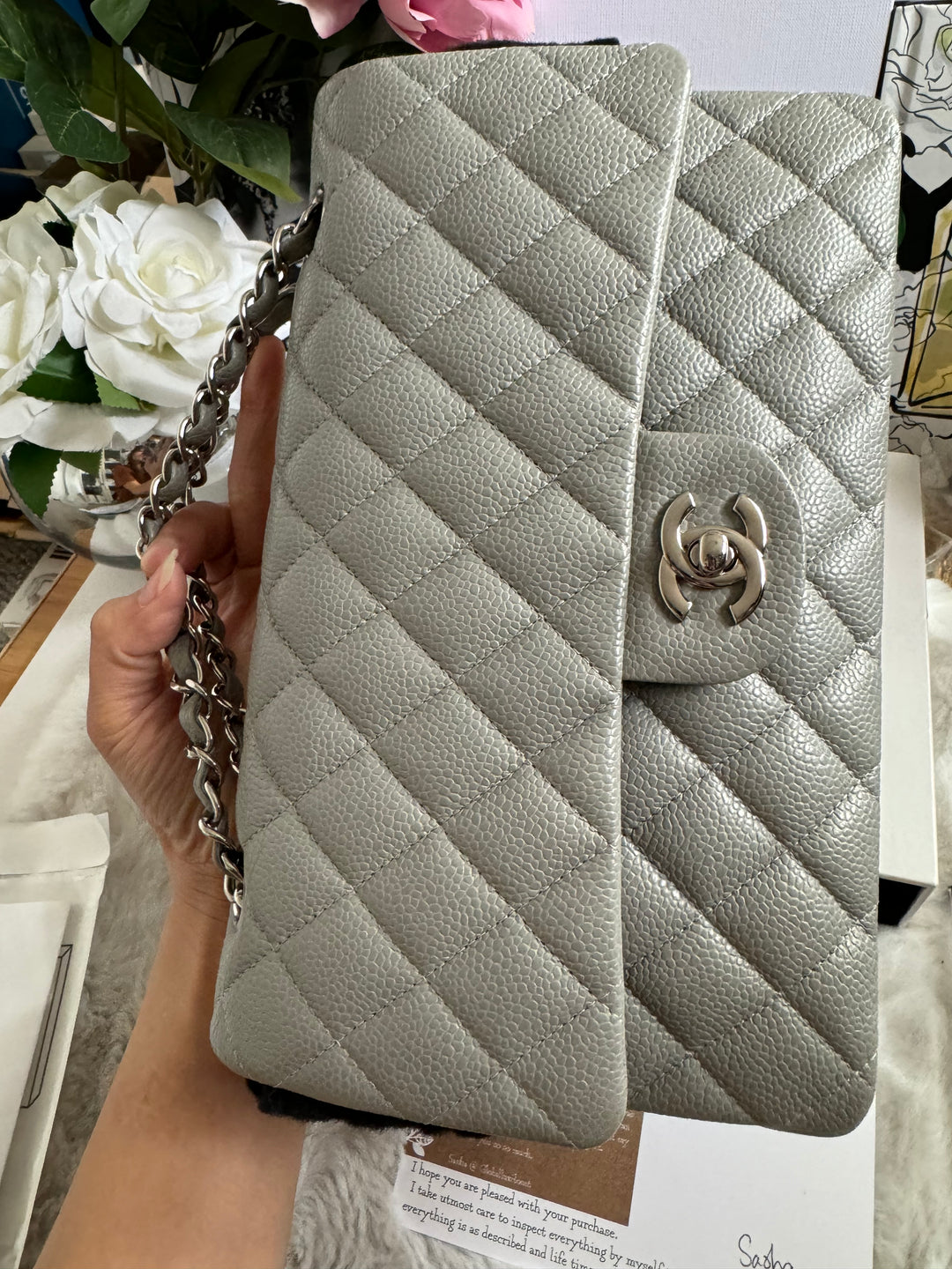 CHANEL series 19 Grey Caviar SHW Medium ML Double Flap Bag 14B collection 2014
