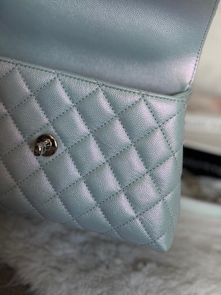 CHANEL 21K iridescent Light Blue Caviar Rainbow and shiny SHW Coco Handle Flap Bag size Small 2021