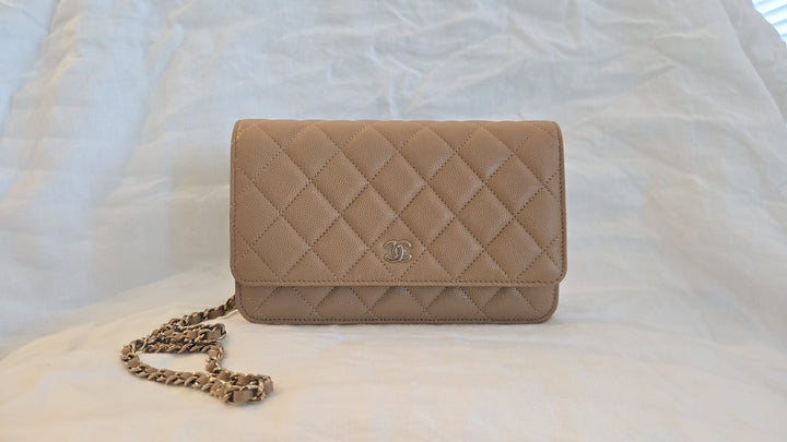 CHANEL 23P Caramel Dark Beige Caviar LGHW Classic Wallet On Chain (WOC)