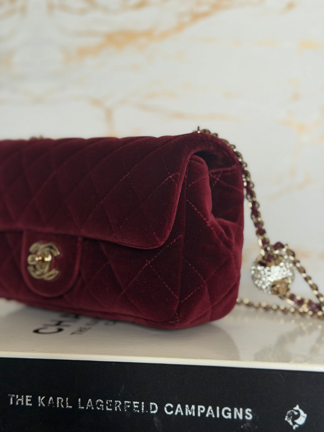 CHANEL series 31 Burgundy Dark Red Velvet Crystal Pearl Crush Adjustable Strap Mini Rectangular Flap Bag 2020/2021