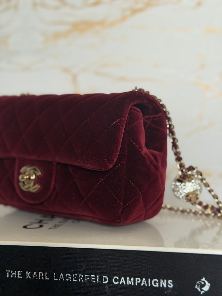 CHANEL series 31 Burgundy Dark Red Velvet Crystal Pearl Crush Adjustable Strap Mini Rectangular Flap Bag 2020/2021