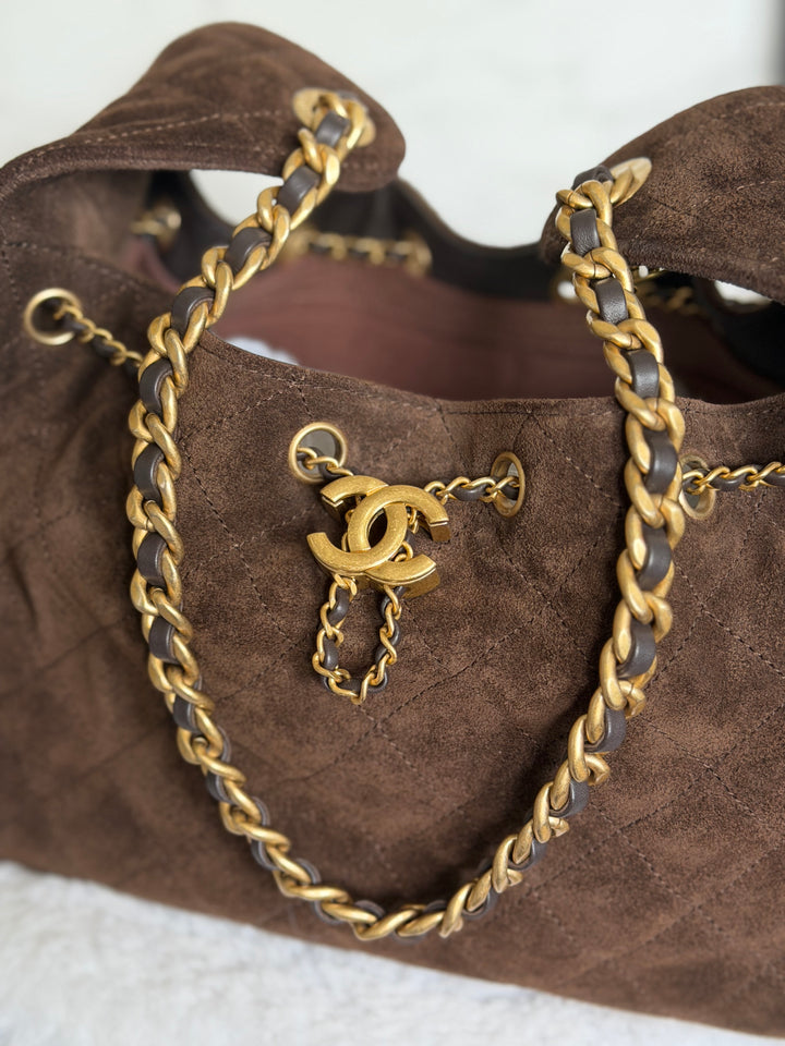 CHANEL 25K Dark Chocolate Brown Suede Aged GHW 25 Hobo Bag size SMALL 2025