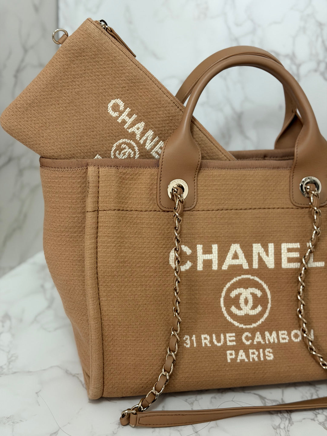 CHANEL 24P collection 2024 Beige Tweed Deauville Tote size Small with top handle LGHW and pouch