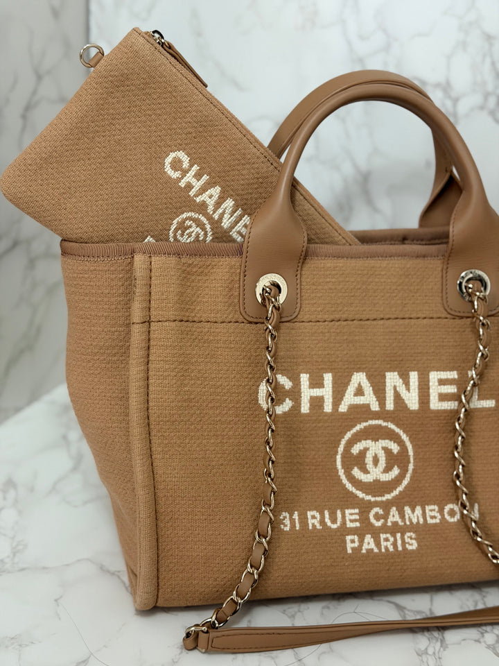 CHANEL 24P collection 2024 Beige Tweed Deauville Tote size Small with top handle LGHW and pouch