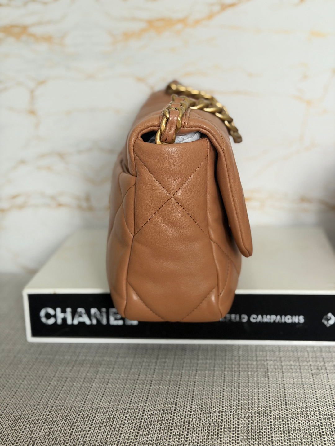 CHANEL Caramel Brown Lambskin Mixed Hardware 19 Flap Bag size SMALL 2022