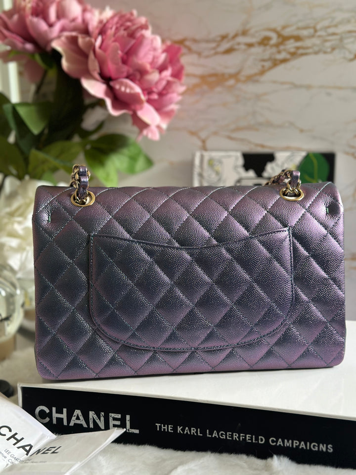 Chanel 22P Iridescent Purple Caviar LGHW Medium ML Timeless Classic Double Flap Bag