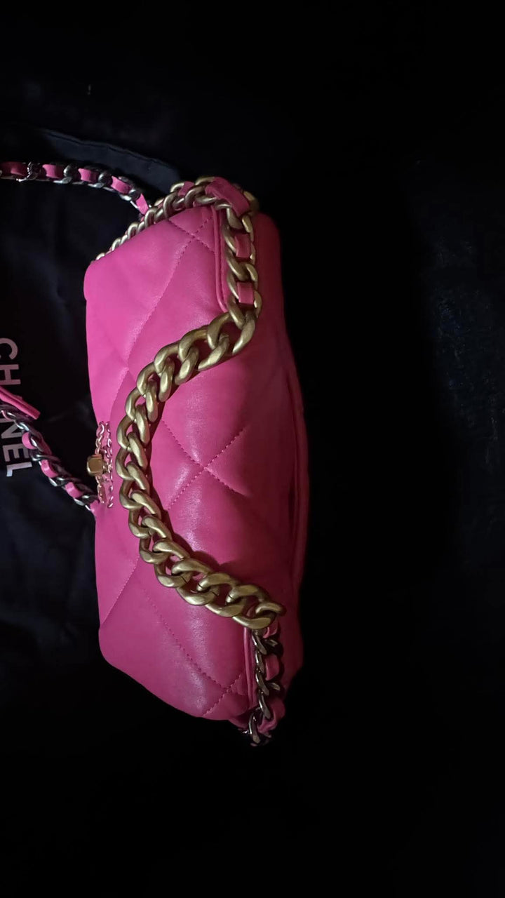 CHANEL 19 size Small in Hot Pink Lambskin Mixed Hardware Flap Bag Microchipped