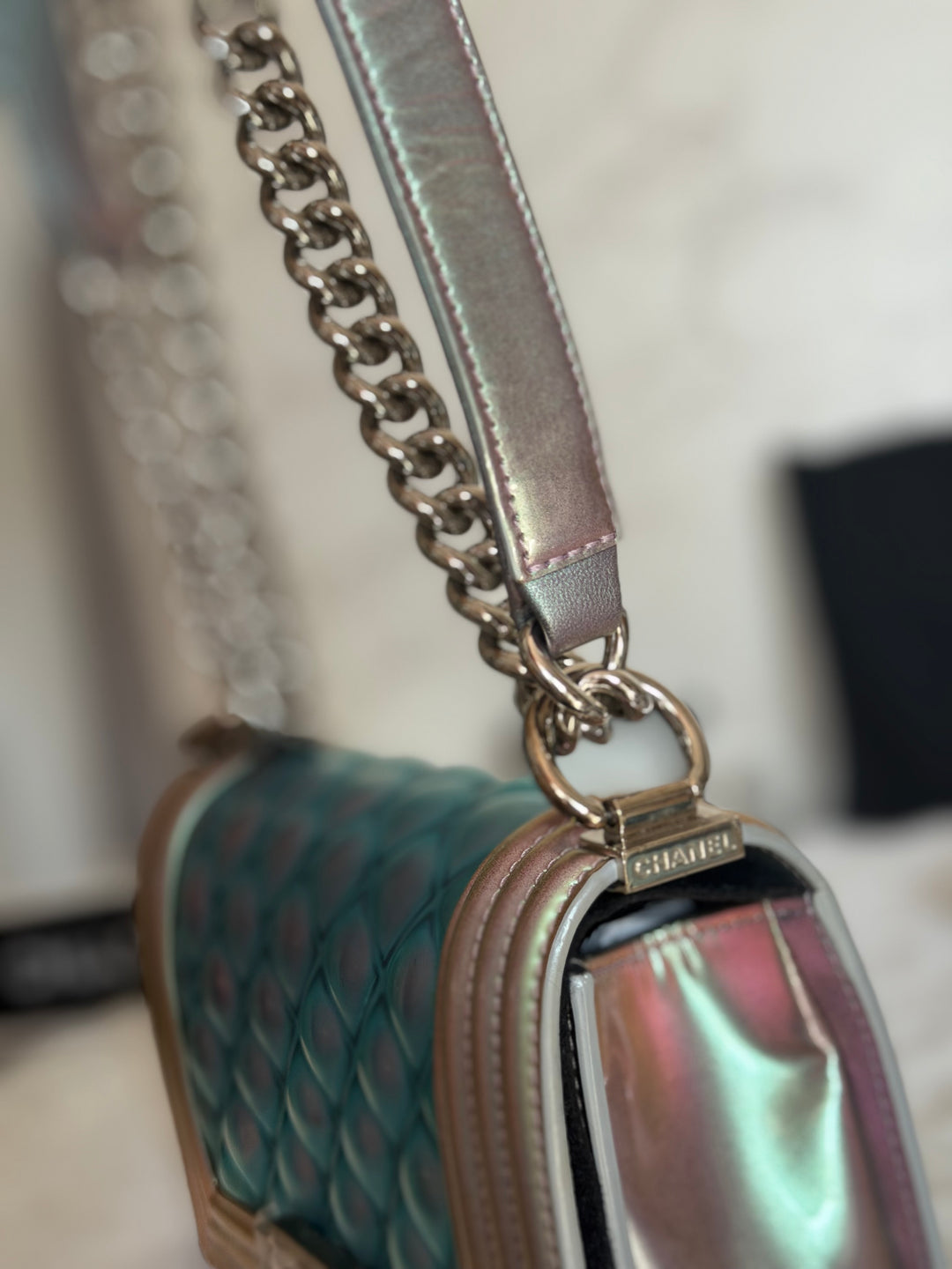 CHANEL 18S Iridescent Patent Calf Skin Purple Blue Mermaid Le Boy Flap Bag size Small