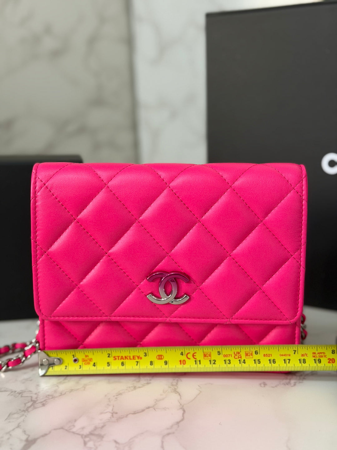 CHANEL 24C 2023/2024 Bright Hot Pink Ombré Hardware Square Wallet on Chain (WOC)