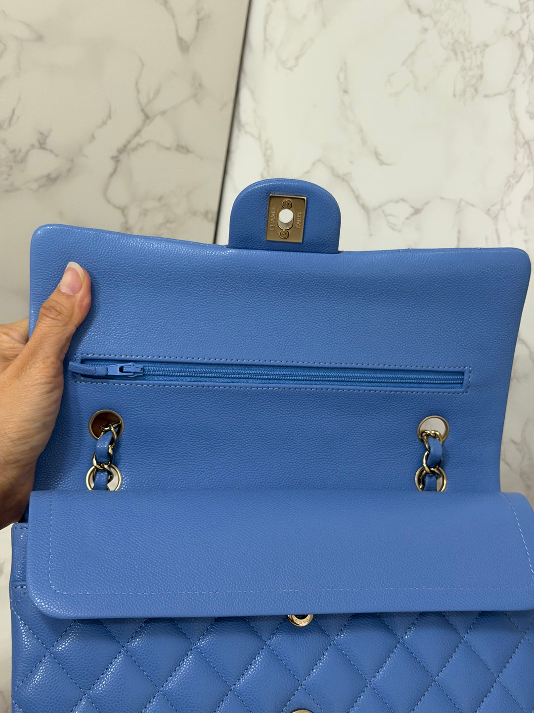 CHANEL 25C 2025 Periwinkle Blue Caviar LGHW Medium ML Timeless Classic Double Flap Bag