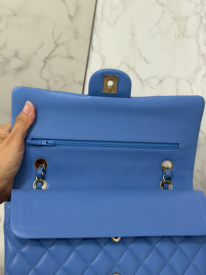 CHANEL 25C 2025 Periwinkle Blue Caviar LGHW Medium ML Timeless Classic Double Flap Bag