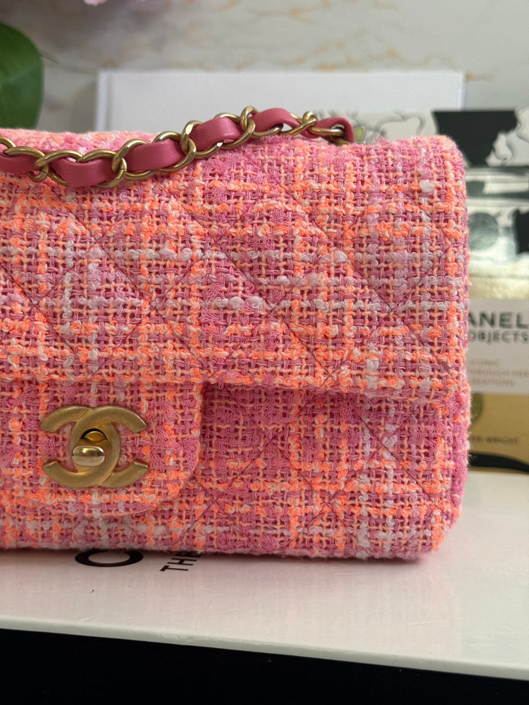Chanel 24C 2024 Cruise Collection Tweed Pink Orange White Mini Rectangular Flap Bag with Aged GHW
