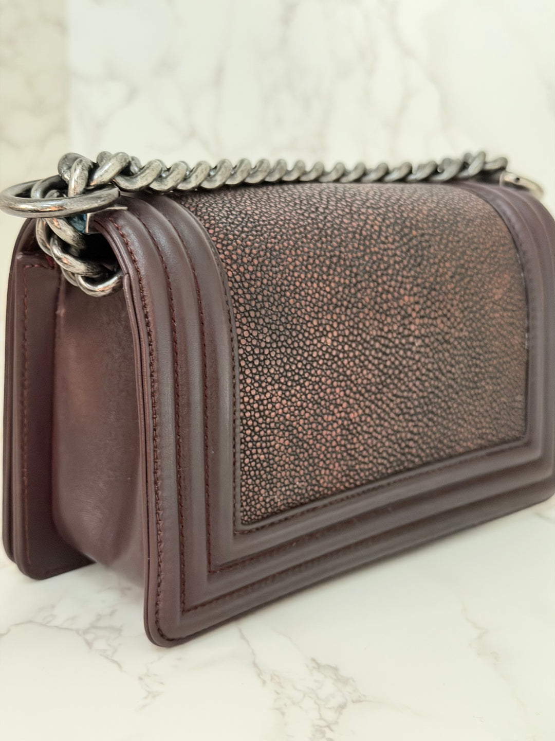 Chanel series 21 2015 Burgundy Lambskin Stingray SMALL Le Boy Flap Bag with Ruthenium HW