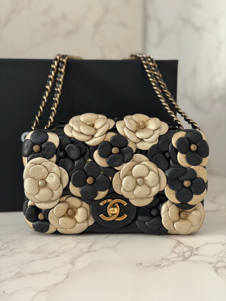 CHANEL series 21 Black Metallic Gold Camellia Flower Lambskin Mini Rectangular Flap Bag with Vintage GHW