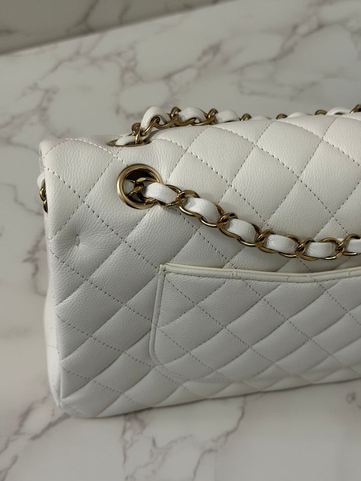 CHANEL 2023 White Caviar LGHW Medium ML Timeless Classic Double Flap Bag