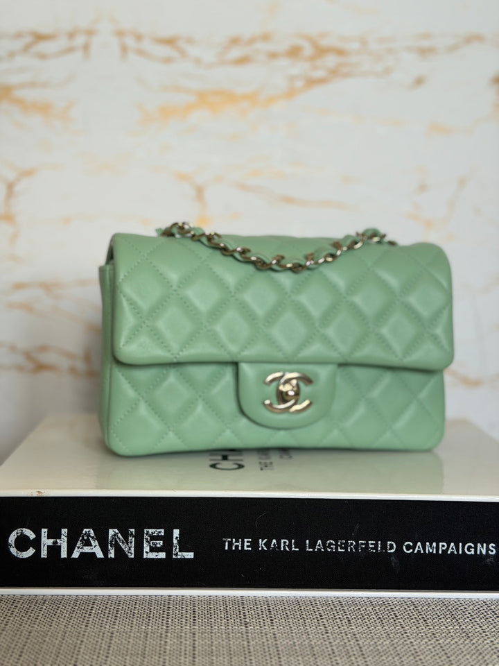 CHANEL Pastel Green Lambskin LGHW Mini Rectangular Flap Bag 2024 8 inches 20 cms