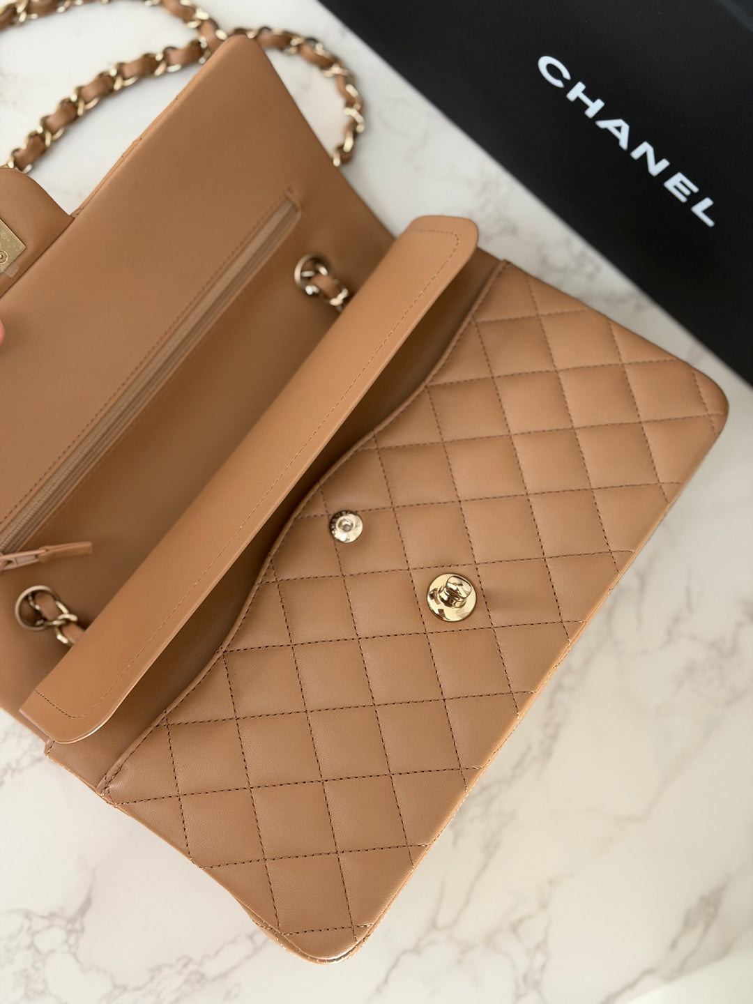 CHANEL 22K 2022 Dark Beige Lambskin LGHW Medium ML Timeless Classic Double Flap Bag