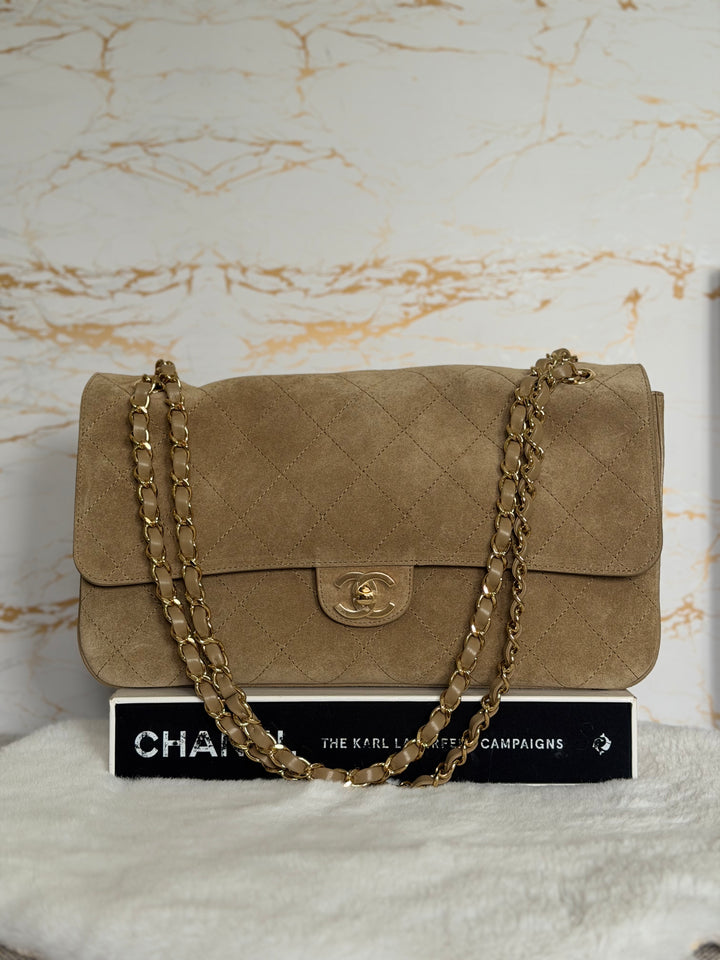 CHANEL 26S Beige Suede Leather LGHW Maxi Flap Bag 32 cms