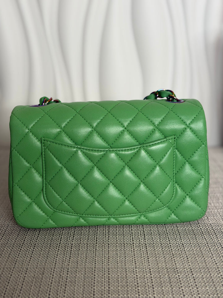 CHANEL series 31 21P Two Tone Green Blue Lambskin Rainbow Iridescent Hardware Mini Rectangular Flap Bag 2021