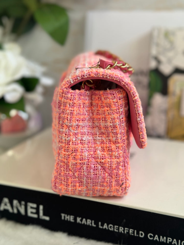 Chanel 24C 2024 Cruise Collection Tweed Pink Orange White Mini Rectangular Flap Bag with Aged GHW