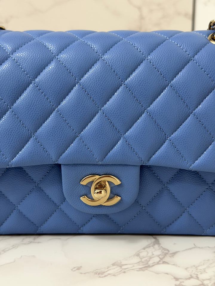 CHANEL 25C 2025 Periwinkle Blue Caviar LGHW Medium ML Timeless Classic Double Flap Bag