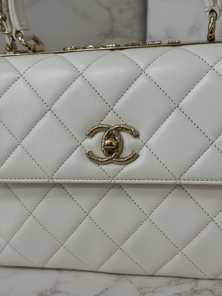 CHANEL 23S collection 2023 White Lambskin LGHW Trendy CC Flap Bag size Small with raised CHANEL Engraved Plate Top Handle